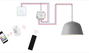 Schemat jak podłączyć ściemniacz oświetlenia: włącznik, moduł ściemniacza, pilot i smartfon sterują lampą.