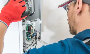 Technik w czerwonych rękawicach sprawdza wnętrze kotła, który wydaje dziwne odgłosy.