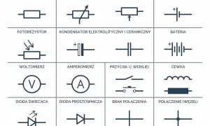 Tabela z oznaczeniami w elektronice: rezystor, potencjometr, ogniwo, fotorezystor, kondensator, bateria, woltomierz, amperomierz, przycisk, cewka, dioda świecąca, dioda prostownicza, brak połączenia, połączenie (węzeł).