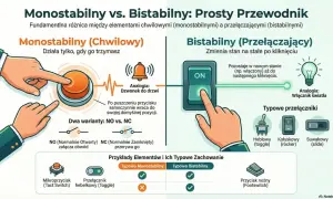 Ilustracja porównuje przycisk monostabilny (chwilowy, jak dzwonek) z bistabilnym (przełączający, jak włącznik światła), pokazując ich działanie i przykłady.