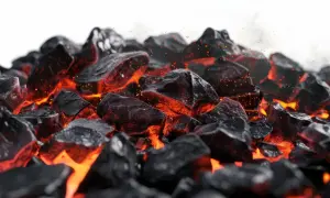 Żarzące się węgle, iskry unoszą się w powietrzu. Pytanie "do kiedy można palić węglem" nabiera znaczenia, gdy patrzymy na ten gorący obraz.