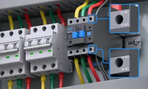 Stycznik no nc jak działa? Widok instalacji elektrycznej z wyłącznikami i stycznikiem LSP NXC-09. Zbliżenia pokazują styki 21 NC i 13 NO, a także 14 NO i 22 NC.
