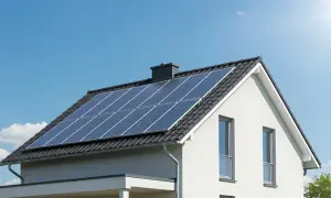 Nowoczesny dom z panelami fotowoltaicznymi na dachu, symbolizującymi długowieczną żywotność paneli fotowoltaicznych i ekologiczne pozyskiwanie energii.