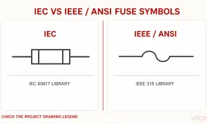 Porównanie symboli bezpiecznik: IEC (prostokąt z liniami) i IEEE/ANSI (łuk).