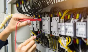 Elektryk sprawdza połączenia w szafie sterowniczej, badając, skąd się bierze przewód neutralny.
