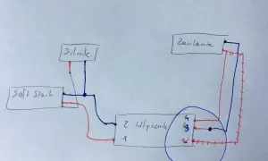 Schemat soft start: zasilanie, silnik i wyłącznik połączone przewodami.