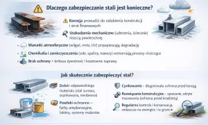 Jak zabezpieczyć piec przed korozją? Ilustracja pokazuje metody ochrony stali: cynkowanie, powłoki ochronne, dobór materiału i kontrola.