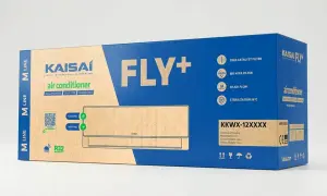 Opakowanie klimatyzatora Kaisai Fly+ z informacją o chłodzeniu i grzaniu. Zastanawiasz się, ile prądu zużywa klimatyzacja 3.5 kW? Ten model oferuje efektywność energetyczną.