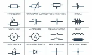 Schematyczne symbole elementów elektrycznych: rezystor, potencjometr, ogniwo, fotorezystor, kondensator, bateria, woltomierz, amperomierz, przycisk, cewka, dioda świecąca, dioda prostownicza, brak połączenia, połączenie. Każdy symbol to klucz do zrozum...