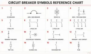 Schemat przedstawia różne symbole wyłączników, w tym łącznik świecznikowy symbol.