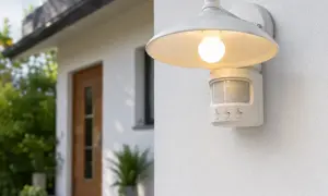 Biały kinkiet z czujnikiem ruchu i trzema pokrętłami regulacji. Lampa zamontowana na ścianie domu, oświetla wejście.