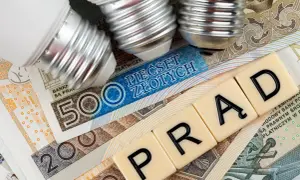 Żarówki na banknotach 500 i 200 zł, litery układające się w słowo "PRĄD" sugerują nadchodzące podwyżki prądu.