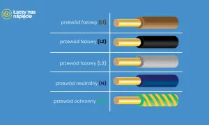 Jak rozpoznać fazy L1, L2, L3? Przewody fazowe mają kolory: brązowy (L1), czarny (L2), szary (L3). Neutralny (N) jest niebieski, ochronny (PE) żółto-zielony.