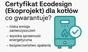 Certyfikat Ekoprojekt dla kotłów gwarantuje niską emisję, wysoką sprawność i bezpieczeństwo. Ikona kotła z płomieniem i zielonym znacznikiem potwierdza zgodność.