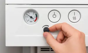Dłoń reguluje pokrętło, pokazując, jak szybko obniżyć temperaturę na piecu. Widoczny manometr i przyciski.
