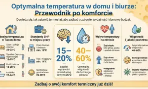 Idealna temperatura w domu: salon 20-22°C, sypialnia 16-19°C. Minimalna temperatura w mieszkaniu to 16°C dla lepszej regeneracji.