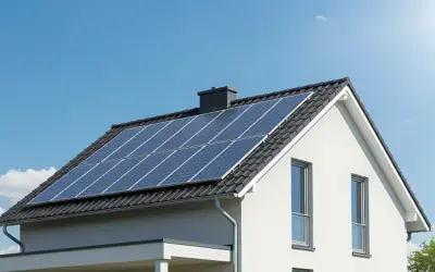 Nowoczesny dom z panelami fotowoltaicznymi na dachu, symbolizującymi długowieczną żywotność paneli fotowoltaicznych i ekologiczne pozyskiwanie energii.