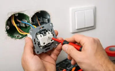 Ręce majsterkowicza podłączają włącznik światła, używając czerwonego śrubokręta. Widać przewody elektryczne i gniazdka w ścianie.