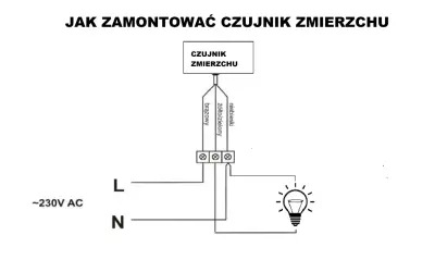 Schemat pokazuje, jak podłączyć czujnik zmierzchu do lampy. Podłącz przewód fazowy (L) i neutralny (N) do odpowiednich zacisków czujnika, a następnie do lampy.