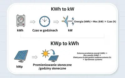 Diagram wyjaśnia, jak obliczyć energię (kWh) z mocy (kW) i czasu, oraz jak oszacować dzienną produkcję energii (kWh) z mocy panelu (kWp) i godzin słonecznych.