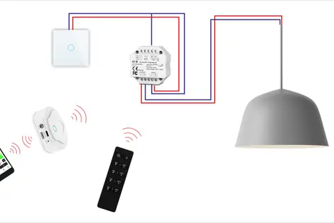 Schemat jak podłączyć ściemniacz oświetlenia: włącznik, moduł ściemniacza, pilot i smartfon sterują lampą.