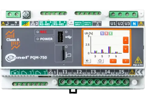 Miernik Sonel PQM-750 z wykresem Uh [%] dla L1, L2, L3. Urządzenie posiada porty USB, slot na kartę SD, wejścia cyfrowe i złącza RS-485.