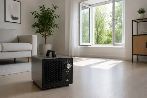 Ozonator w salonie, gotowy do pracy. Służy do oczyszczania powietrza z nieprzyjemnych zapachów i drobnoustrojów.