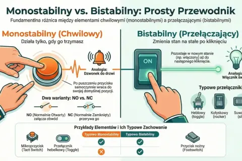 Ilustracja porównuje przycisk monostabilny (chwilowy, jak dzwonek) z bistabilnym (przełączający, jak włącznik światła), pokazując ich działanie i przykłady.