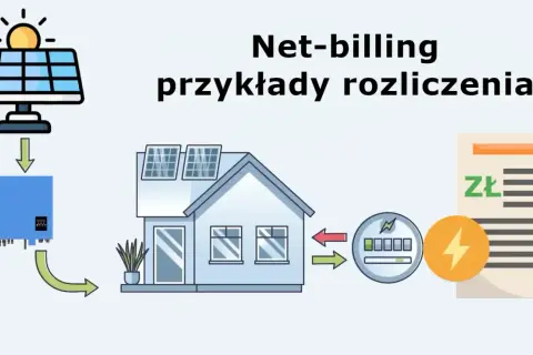 Schemat ilustruje net-billing fotowoltaiki: panele słoneczne, falownik, dom, licznik i rachunek.