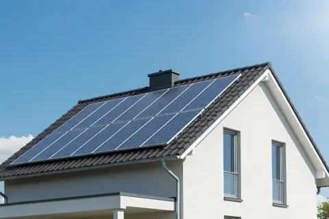 Nowoczesny dom z panelami fotowoltaicznymi na dachu, symbolizującymi długowieczną żywotność paneli fotowoltaicznych i ekologiczne pozyskiwanie energii.