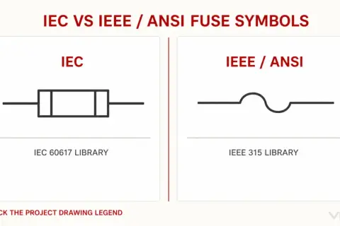 Porównanie symboli bezpiecznik: IEC (prostokąt z liniami) i IEEE/ANSI (łuk).