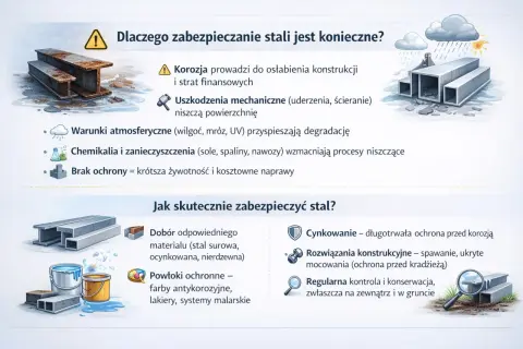 Jak zabezpieczyć piec przed korozją? Ilustracja pokazuje metody ochrony stali: cynkowanie, powłoki ochronne, dobór materiału i kontrola.