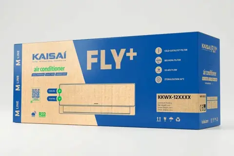 Opakowanie klimatyzatora Kaisai Fly+ z informacją o chłodzeniu i grzaniu. Zastanawiasz się, ile prądu zużywa klimatyzacja 3.5 kW? Ten model oferuje efektywność energetyczną.