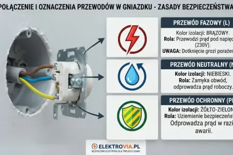 Widok gniazdka elektrycznego z przewodami: brązowym (fazowy), niebieskim (neutralny) i żółto-zielonym (ochronny).