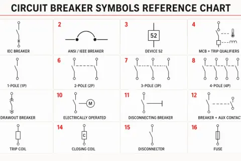 Schemat przedstawia różne symbole wyłączników, w tym łącznik świecznikowy symbol.