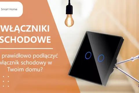 Dowiedz się, jak podłączyć włącznik schodowy dotykowy. Elegancki czarny włącznik z niebieskim podświetleniem i narzędzia do montażu.