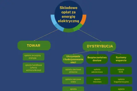 Schemat pokazuje, co ile płaci się prąd: opłaty za towar (energię) i dystrybucję (utrzymanie sieci, bezpieczeństwo, wsparcie).