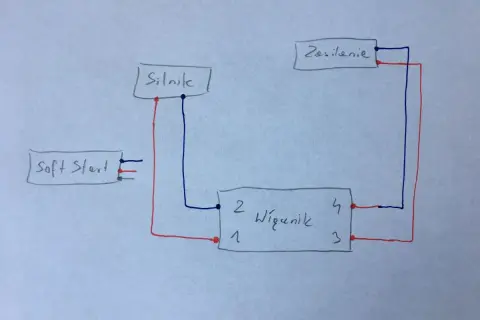 Schemat soft start 230V: zasilanie, silnik i wyłącznik połączone przewodami.