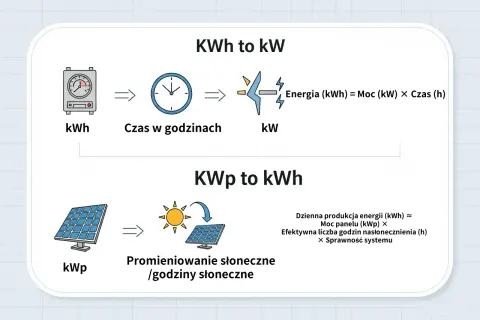 Diagram wyjaśnia, jak obliczyć energię (kWh) z mocy (kW) i czasu, oraz jak oszacować dzienną produkcję energii (kWh) z mocy panelu (kWp) i godzin słonecznych.