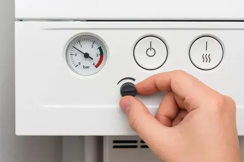 Dłoń reguluje pokrętło, pokazując, jak szybko obniżyć temperaturę na piecu. Widoczny manometr i przyciski.