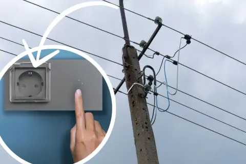 Palec naciska przycisk obok gniazdka z klapką. W tle słup energetyczny z przewodami. To oznaczenie l.