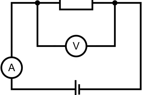 Schemat obwodu elektrycznego z baterią, amperomierzem (A) i woltomierzem (V) do obliczania prądu.