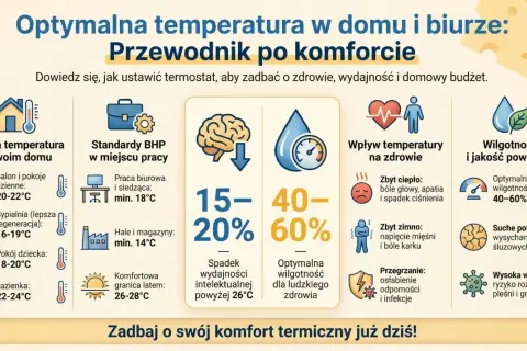 Idealna temperatura w domu: salon 20-22°C, sypialnia 16-19°C. Minimalna temperatura w mieszkaniu to 16°C dla lepszej regeneracji.