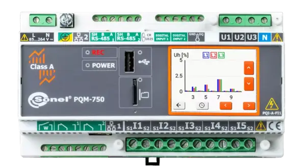 Miernik Sonel PQM-750 z wykresem Uh [%] dla L1, L2, L3. Urządzenie posiada porty USB, slot na kartę SD, wejścia cyfrowe i złącza RS-485.