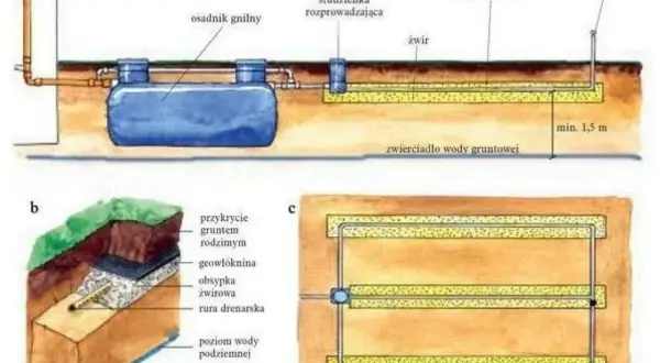 Schemat pokazuje, jak działa przydomowa oczyszczalnia ścieków: osadnik gnilny, studzienka rozprowadzająca, rury drenażowe i kominek napowietrzający.