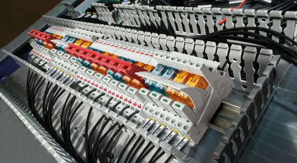 W panelu sterowania widać rzędy modułów, gdzie stycznik i przekaźnik współpracują, tworząc skomplikowaną sieć połączeń elektrycznych.