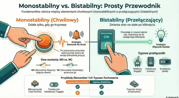 Ilustracja porównuje przycisk monostabilny (chwilowy, jak dzwonek) z bistabilnym (przełączający, jak włącznik światła), pokazując ich działanie i przykłady.
