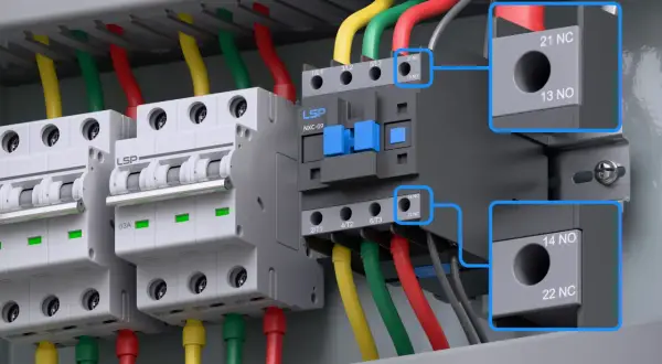Stycznik no nc jak działa? Widok instalacji elektrycznej z wyłącznikami i stycznikiem LSP NXC-09. Zbliżenia pokazują styki 21 NC i 13 NO, a także 14 NO i 22 NC.