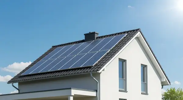 Nowoczesny dom z panelami fotowoltaicznymi na dachu, symbolizującymi długowieczną żywotność paneli fotowoltaicznych i ekologiczne pozyskiwanie energii.