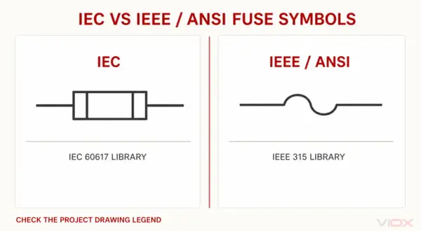 Porównanie symboli bezpiecznik: IEC (prostokąt z liniami) i IEEE/ANSI (łuk).